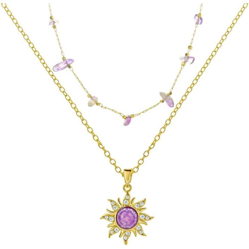 Sun Necklace for Women Brass Gold Purple Crystal Healing Jewelry Gift